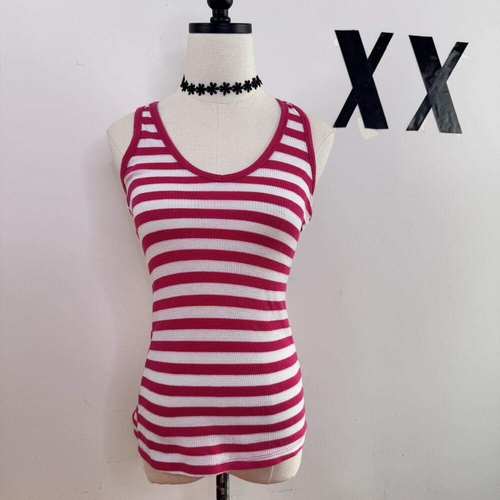 Vintage Y2K Sheer Knit Striped Racerback Tank Top Pink White Indie Layering S